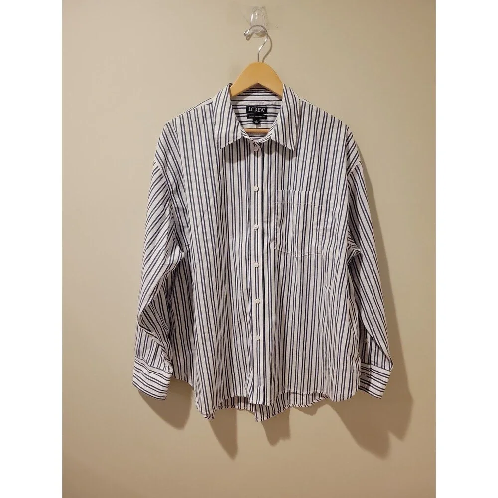 J. Crew Women's Etienne Oversized Shirt White Blue Stripe 100% Cotton Poplin L